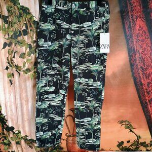 NWT Zara Sz M Black & Green Tropical Palm Tree Print Mid-Rise Straight Leg Pants